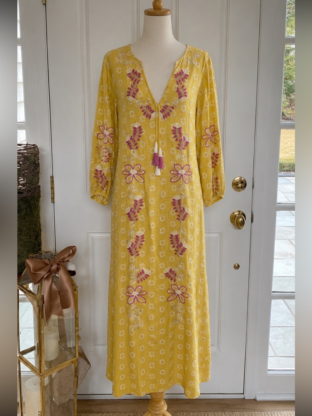 Embroidered Linen Midi Dress Caftan / Resort Wear NWT XS